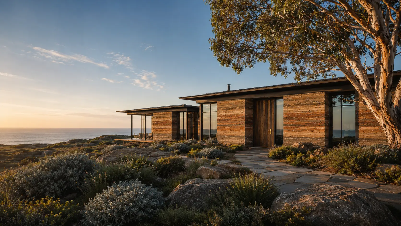 Rammed-earth home with layered earthen walls and expansive glazing